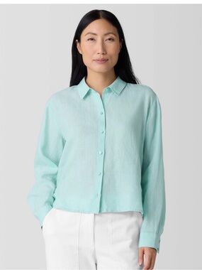 Eileen Fisher XL handkerchief linen classic collar aqua short shirt lagonlook